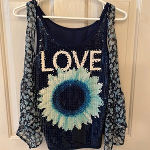 Shirt 2 pieces, navy blue, ivory and light teal, sequin top with loose vest